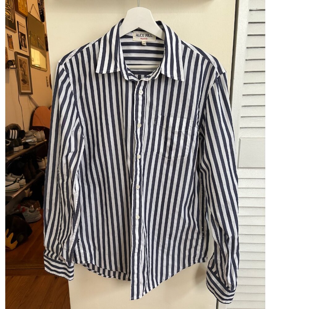Alex Mill "Mill" button down striped shirt in navy and white.